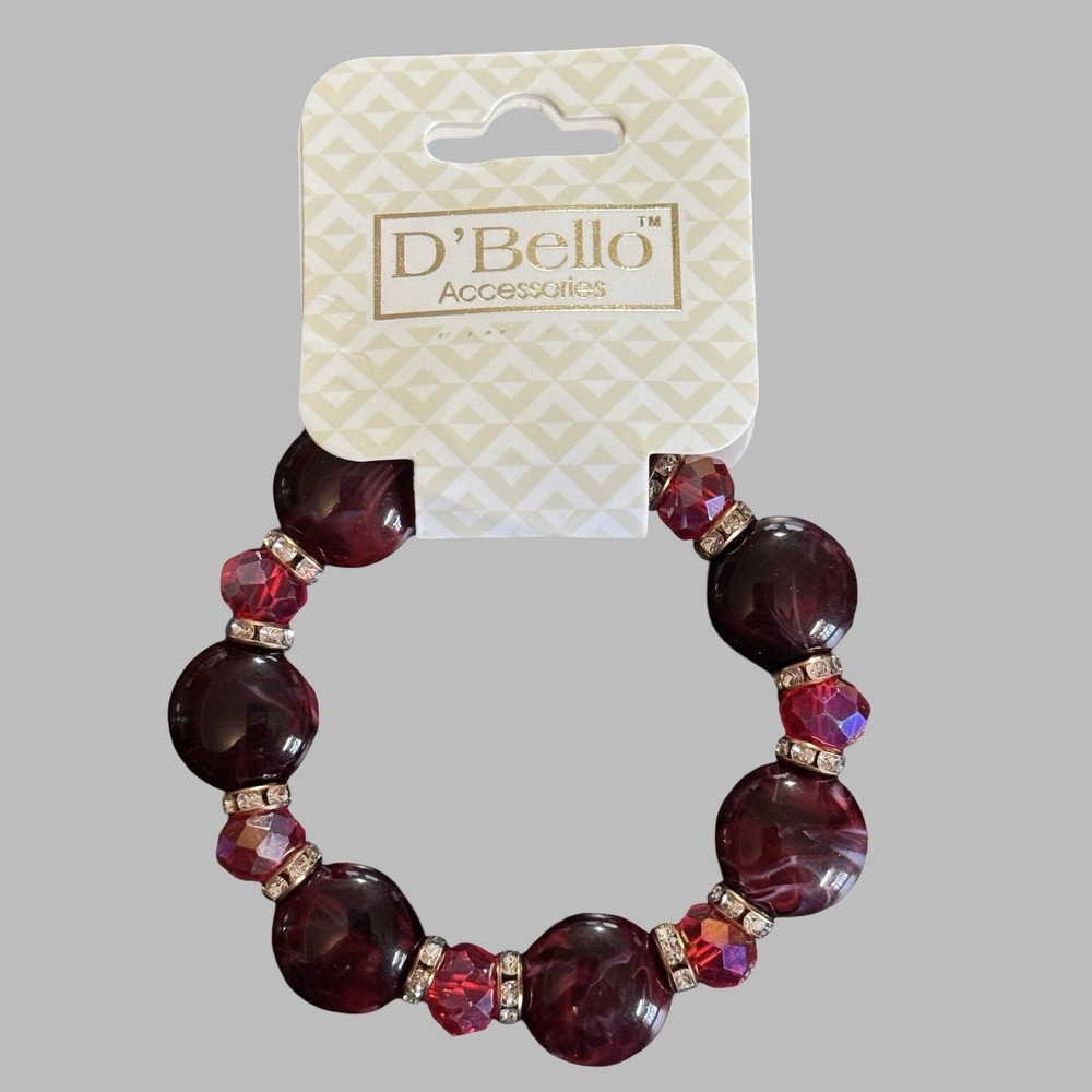 D'Bello Beaded Stretch Bracelet Womens Burgundy Red‎ Rhinestone Gold Jewelry NEW